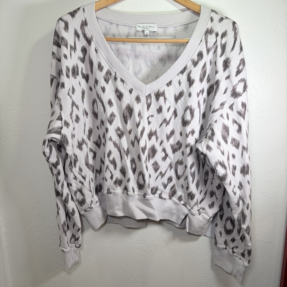 Y2K Michael Stars Camila V-Neck Cropped Sweatshirt Women's XL animal Modest Chic